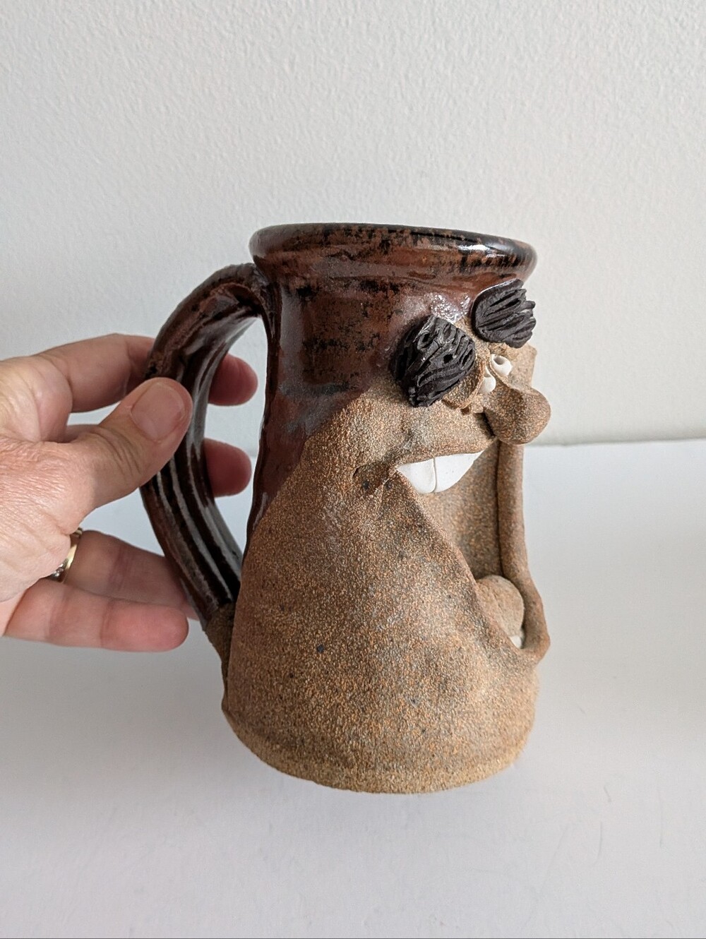 Ugly face studio pottery ceramic mug laughing stoneware cup funny, Signed